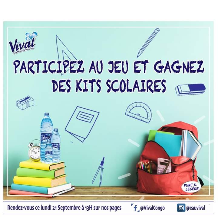 VivalCongo's tweet photo. Rendez-vous ce lundi 21 septembre sur nos pages Facebook et Instagram ! Pour jouer à VIVAL Game rentrée scolaire.
.
. @VivalCongo
.
. #jeu #vivalGame #ChezMoiAuCongo #eaumineralenaturelle https://t.co/S8d4IA2jsM https://t.co/yl0iTGMahI