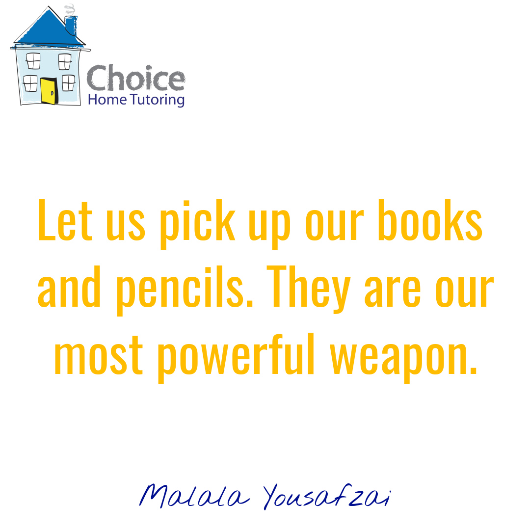 ChoiceHomeTutor's tweet photo. Malala Yousafzai is a Pakistani activist for female education and the youngest Nobel Prize laureate. These words of hers are an important reminder to us all to value education. #choicehometutoring #education #learning #books #pencils #mostpowerfulweapon #tutor #MalalaYousafzai https://t.co/U779AdfP8H