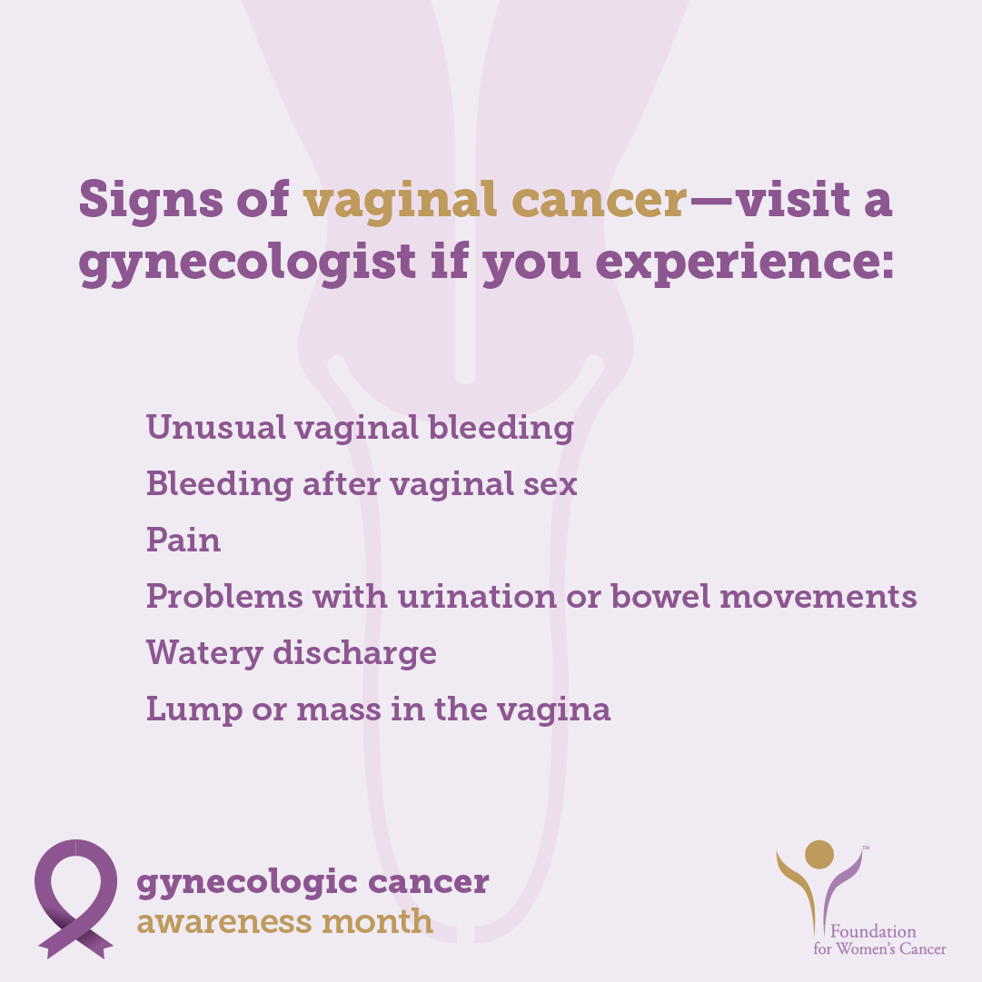 SGO on X: Signs of #VaginalCancer include unusual vaginal bleeding,  bleeding after vaginal sex, pain, problems with urination or bowel  movements, a watery discharge, or a lump or mass in the vagina.