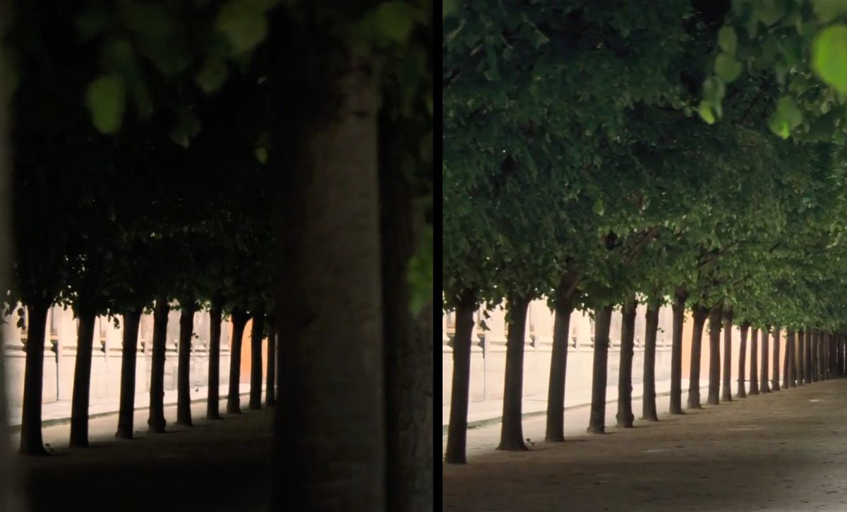 The filmmakers chose to do the work in color timing/digital intermediate stage using the foreground tree as a convenient place to hide a soft matte transitioning between two different exposure settings.A comparison of an early and later frame from the shot.