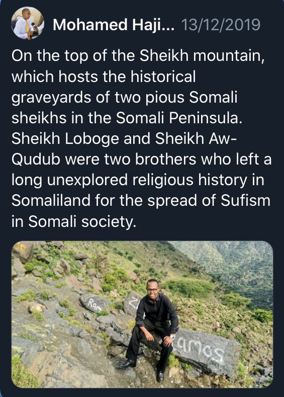  Mohamed Haji Ingiriis PhD holder, Oxford graduates in Modern History confirming the history of Sheikh Loboge & Sheikh Aw-Qudub in Sheikh mountains  https://twitter.com/m_h_ingiriis/status/1205432045075410945?s=21  https://twitter.com/m_h_ingiriis/status/1205432045075410945