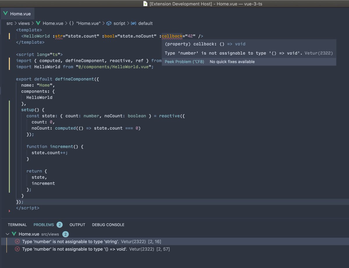 youyuxi's tweet image. 🔥 Coming soon: type checking for child component props in Vue templates via Vetur. This is actual TS diagnostics based on child component's types and works for both Vue 2/3, and both JS/TS.
Amazing, amazing work by @octref 👏👏👏