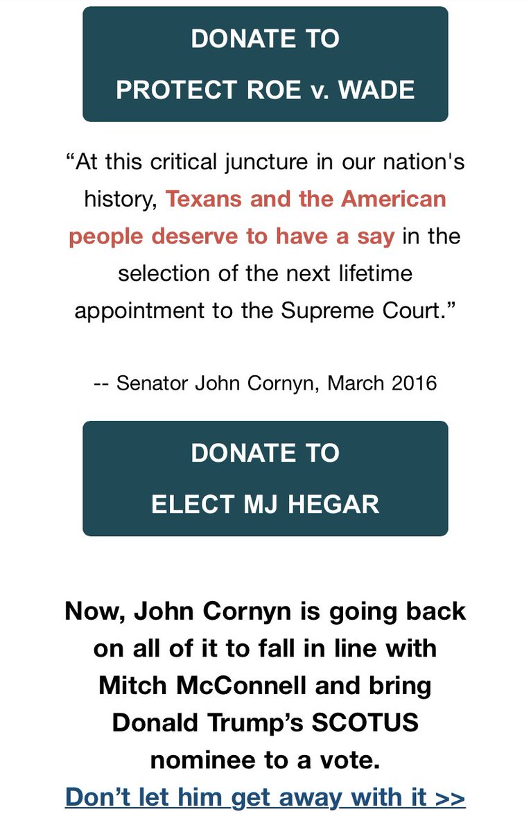 In Texas, Democratic US Senate candidate  @mjhegar fundraising off what her opponent, Sen.  @JohnCornyn, has said about  #SCOTUS vacancies.
