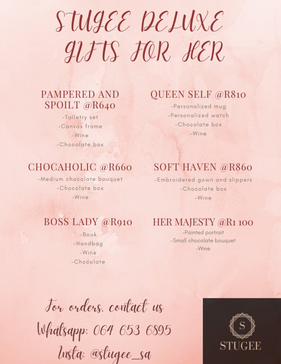 KgadiM13's tweet photo. @mihlalii_n PLEASE HELP MY BUSINESS BY RETWEETING.. THANK YOU🔥💓💃

STUGEE is a black-owned student business offering a gift service nationwide💓😍🔥 Show your loved one some love with something special from us😄💃 for orders, whatsapp us on 064 653 6895.. DELIVERIES ARE NATIONWIDE https://t.co/0oxEn2qTgx