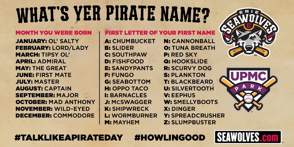 erie_seawolves's tweet photo. Yo Ho Ho!
It's #TalkLikeAPirateDay mateys!
What yer pirate name? https://t.co/YXlBRrPtBy