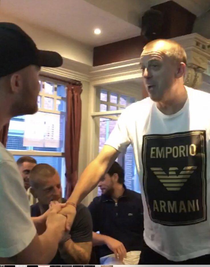 DEAL DONE Drury shakes hands with new clipper’s keeper Tim Towler. Signed for 2 pints of carling and not talking about the demise of Notts Forest for the remainder of the day #theaudiTT #barberarmy ✂️⚽️