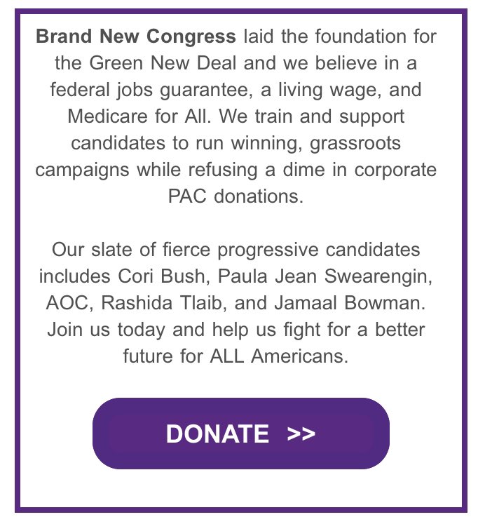 Brand New Congress PAC — it raises money for  @AOC,  @paulajean2020,  @RashidaTlaib,  @CoriBush and  @JamaalBowmanNY, among others — it collecting campaign cash with the subject line: “Our debt to RBG”