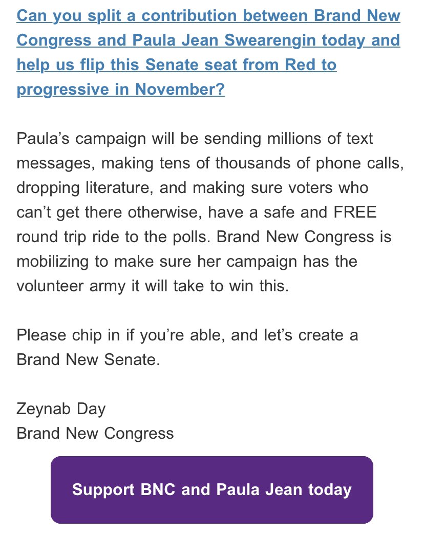 Brand New Congress PAC — it raises money for  @AOC,  @paulajean2020,  @RashidaTlaib,  @CoriBush and  @JamaalBowmanNY, among others — it collecting campaign cash with the subject line: “Our debt to RBG”