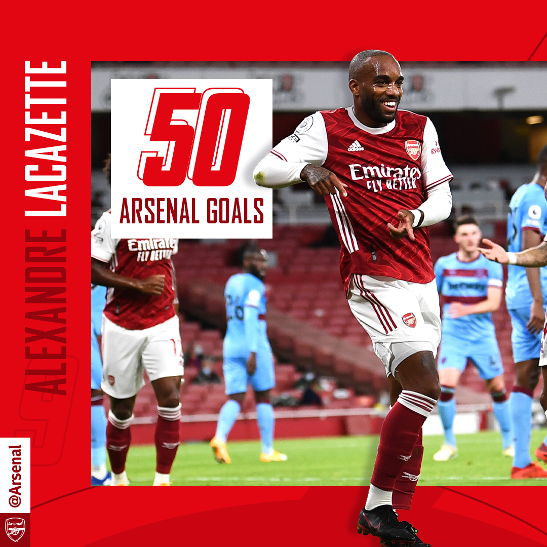 Arsenal's tweet photo. ✅ Another milestone hit

Keep firing, @LacazetteAlex 🎯

#ARSWHU https://t.co/kiCpU8KZaf