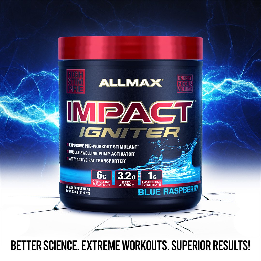 ALLMAX's tweet photo. IMPACT IGNITER drives extreme motivation through a powerful blend of intense #stimulants and advanced focus through cognitive enhancement agents. The intense #motivation gets you into the #gym and the extreme focus keeps you there. Get the results you expect, get #IMPACTIGNITER. https://t.co/XzwMi495G9