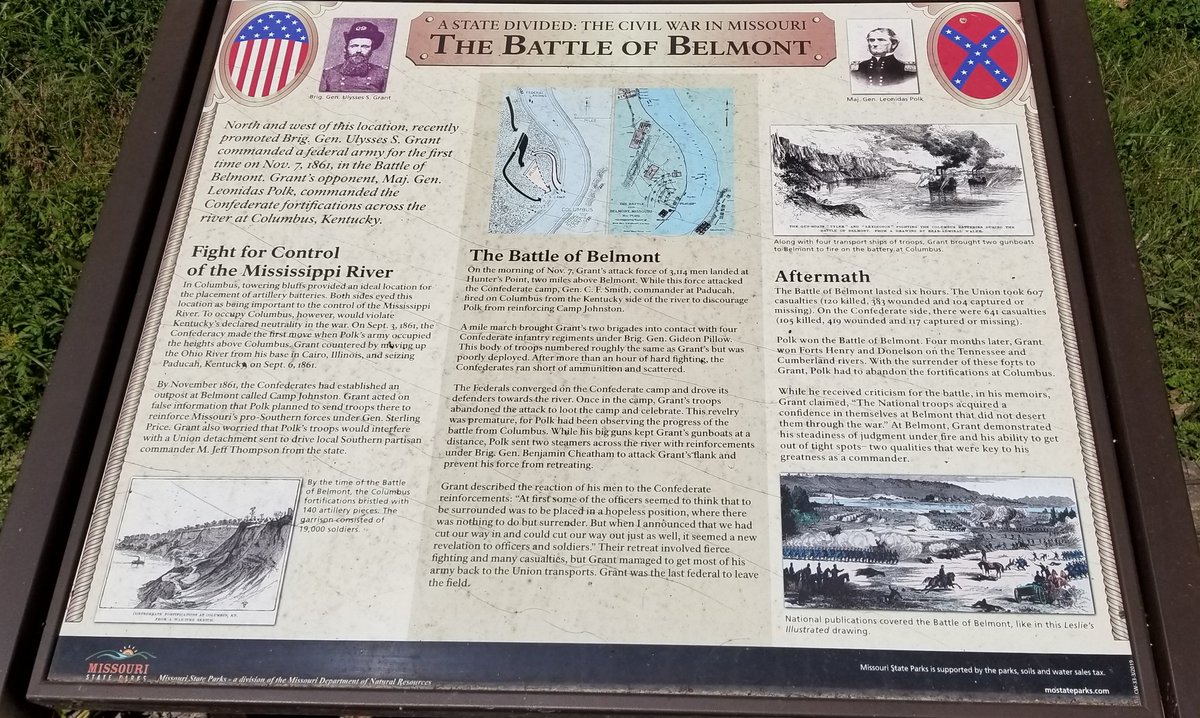 Never been to Belmont battlefield in Missouri before. This is it. 2 parking spaces, 3 signs, 2 of them about the Trail of Tears. Among the shabbiest of  #ACW battlefields. This one disappeared under cropland long ago. – bei  Columbus Belmont State Park