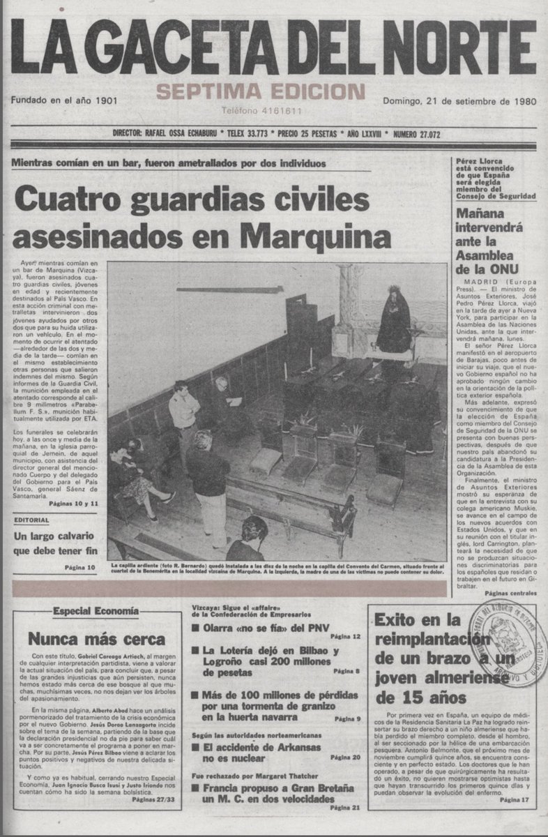 MemorialVT's tweet photo. Recordamos al agente @guardiacivil ANTONIO GARCÍA ARGENTE asesinado por ETA-m Marquina, 20 septiembre 1980. Comía junto a otros compañeros del cuerpo en un restaurante cercano al cuartel. Entraron tres terroristas armados con metralletas que fueron directamente a por los guardias https://t.co/O2pAbH6fCI
