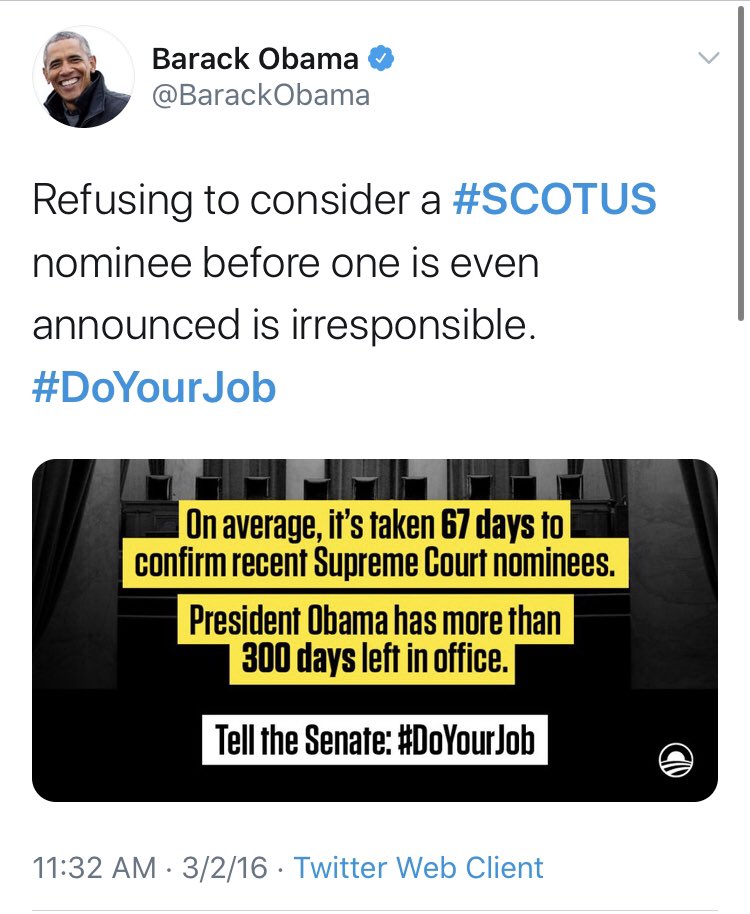 To kick it off, we’ll start with none other than the man who led the  #WeNeedNine push,  @BarackObama. Is it no longer “irresponsible” to not consider a SCOTUS nominee before one is even announced, Mr. President?