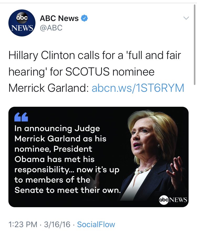 And what say you,  @HillaryClinton? If  @realDonaldTrump announces his nominee, will you agree that he has “met his responsibility” as well? And that the Senate should do the same?