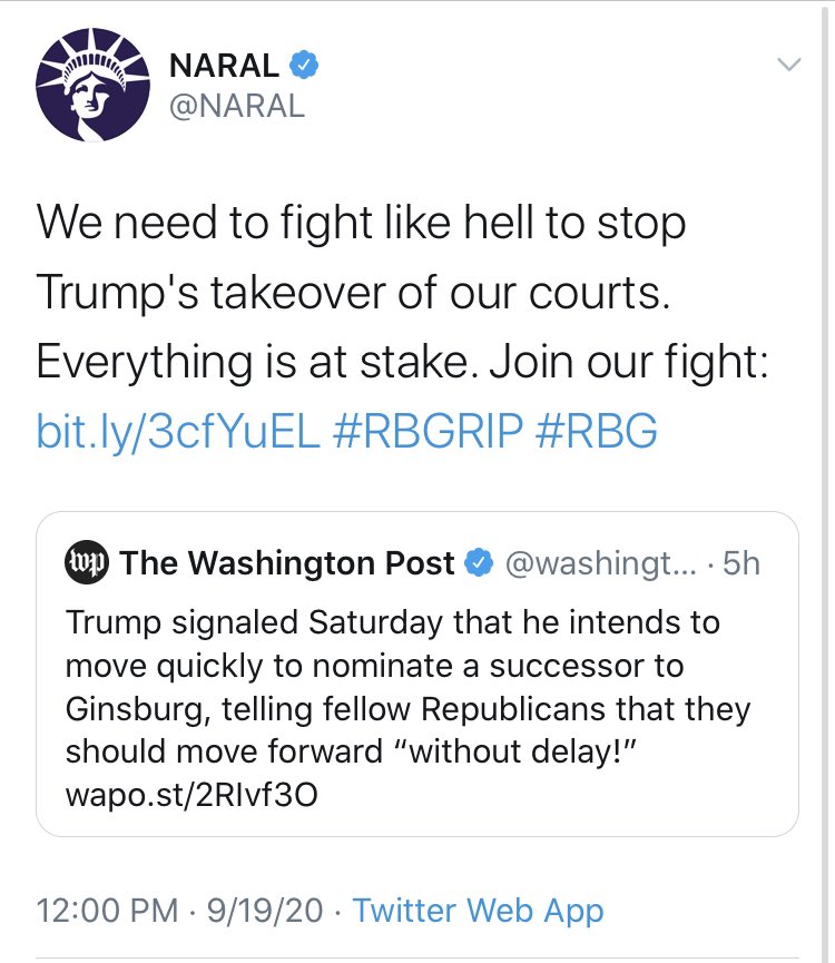 And of course, countless organizations jumped into the mix. Here’s  @NARAL, who are also no longer concerned about obstruction or the need for nine justices.