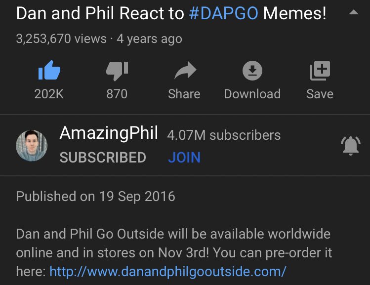 throwbackdnp's tweet photo. AmazingPhil uploaded: Dan and Phil React to #DAPGO Memes! - 4 years ago today (September 19th 2016) https://t.co/MJiNyoCtdl