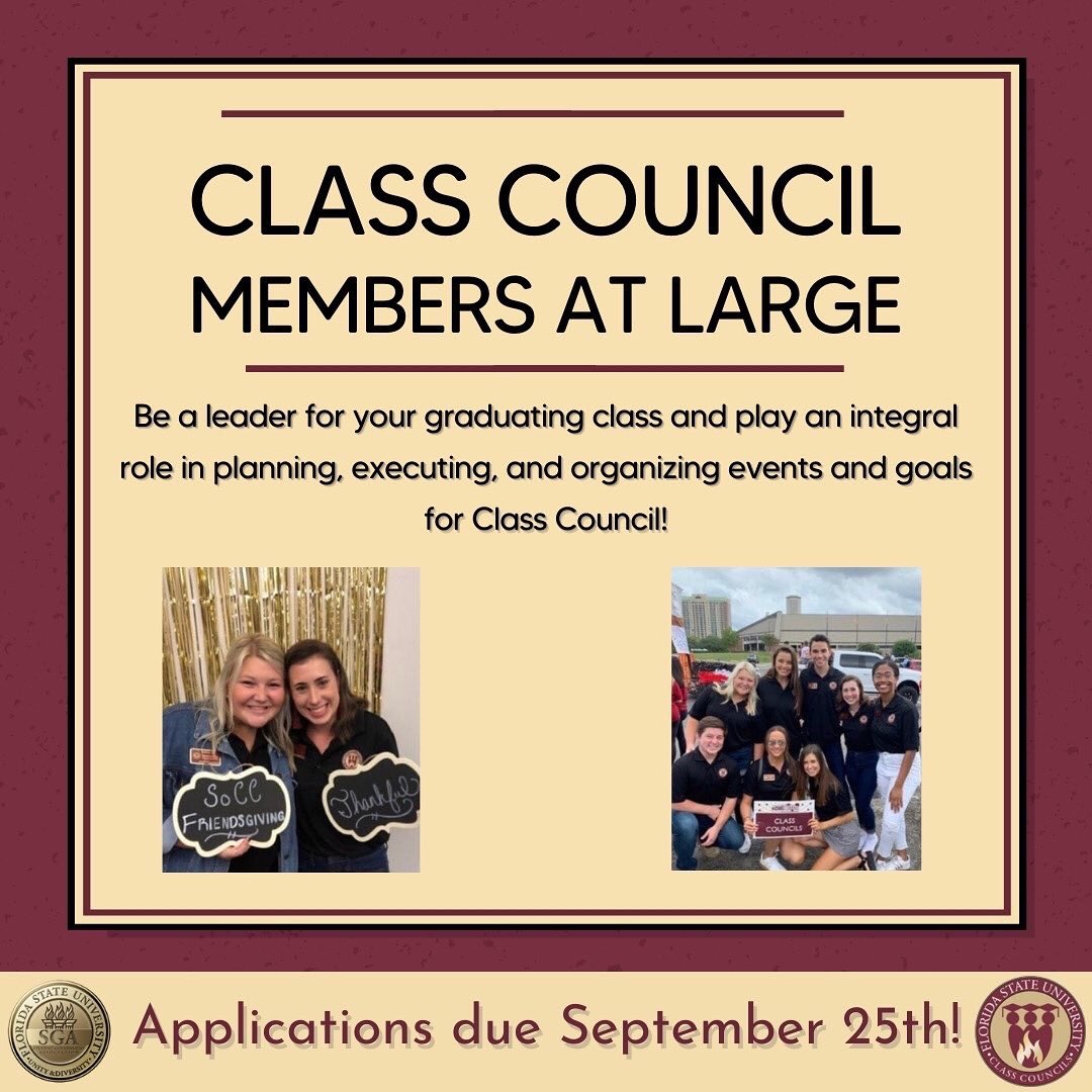 FSUClassCouncil's tweet photo. DEADLINE EXTENDED! 
Looking to lead and be a voice for your graduating class? Apply to be a Member at Large with the Senior, Junior, or Sophomore Class Council! Application link is in the bio 🎉 (DM us with any questions) https://t.co/4Q3beqJ87E