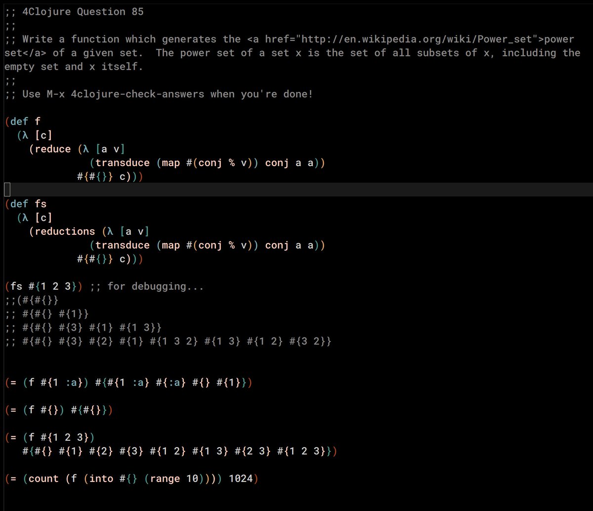 sakalli's tweet photo. Day 16
Busy with #4Clojure 85, have now this solution, but does not work because transducers were introduced in clojure 1.7 i think, but #4Clojure runs on 1.4 apparently.
#∞DaysOfCode (#100DaysOfCode ) https://t.co/1IBppgCNRg