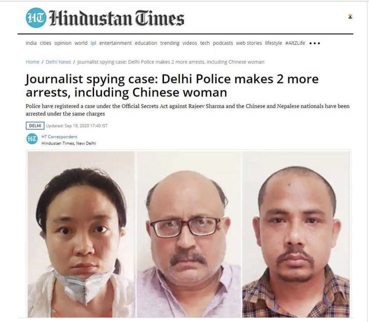 老司机on Twitter 中印边境情势紧张之际 德里警方19日表示 他们日前发现曾为中国官媒 环球时报 撰文的记者沙尔马 Rajeev Sharma 涉及从事间谍活动 正在向中国情报机构传递敏感讯息 此外 他们又抓到一位中国女性石青 音译 Qing Shi 与尼泊尔男子辛格 Sher