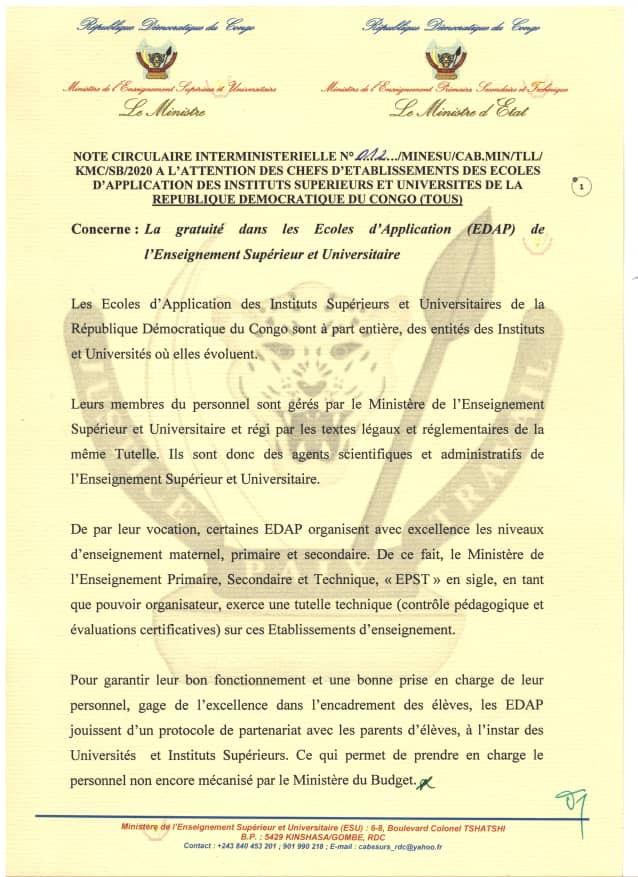 La Constitution évoquée par les deux Ministres parle de la gratuité sans faire un distinguo sur la tutelle de qui émane l'école. EDAP ou non.C'est de l'enfant  #RDC qu'il s'agit.D'où tirent-ils cette discrimination ?