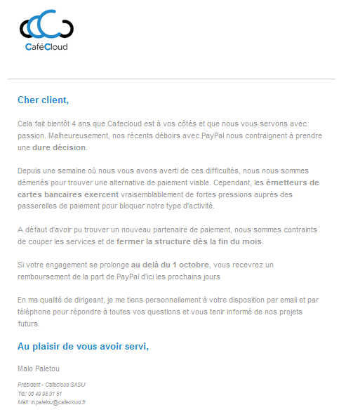 Cafecloud_FR's tweet photo. Cafecloud ferme ses portes, nous vous invitons à prendre connaissance de ce communiqué. https://t.co/ZitTITPM3a