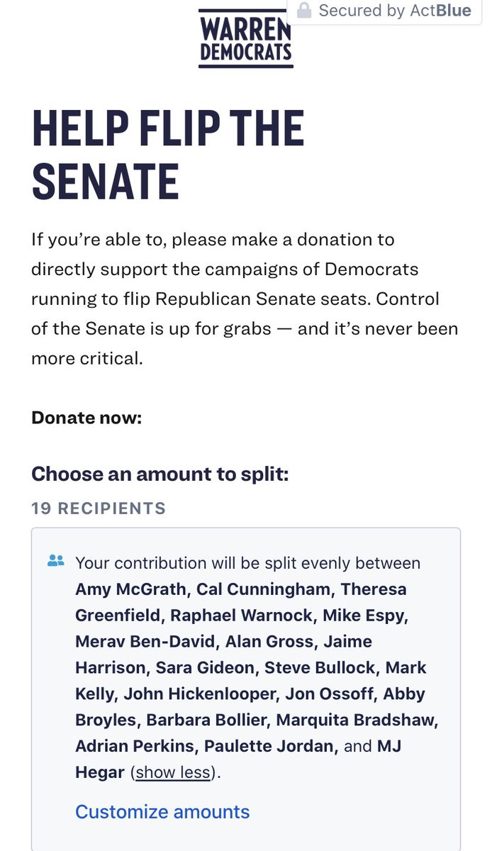 This afternoon,  @ewarren is fundraising off Ruth Bader Ginsberg through her “Warren Democrats” committee, which money raised benefiting any of 17 D candidates, incl.  @AmyMcGrathKY  @harrisonjaime  @MikeEspyMS  @Hickenlooper  @GreenfieldIowa  @SaraGideon  @stevebullockmt &  @abbybroyles.