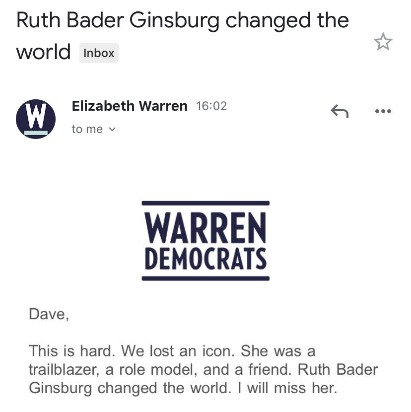 This afternoon,  @ewarren is fundraising off Ruth Bader Ginsberg through her “Warren Democrats” committee, which money raised benefiting any of 17 D candidates, incl.  @AmyMcGrathKY  @harrisonjaime  @MikeEspyMS  @Hickenlooper  @GreenfieldIowa  @SaraGideon  @stevebullockmt &  @abbybroyles.