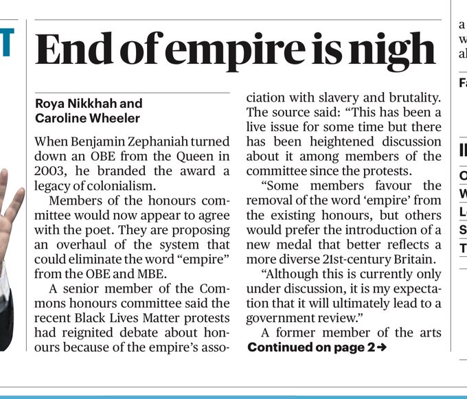 The Sunday Times reports speculation that the government will review the honours system's continued use of Empire