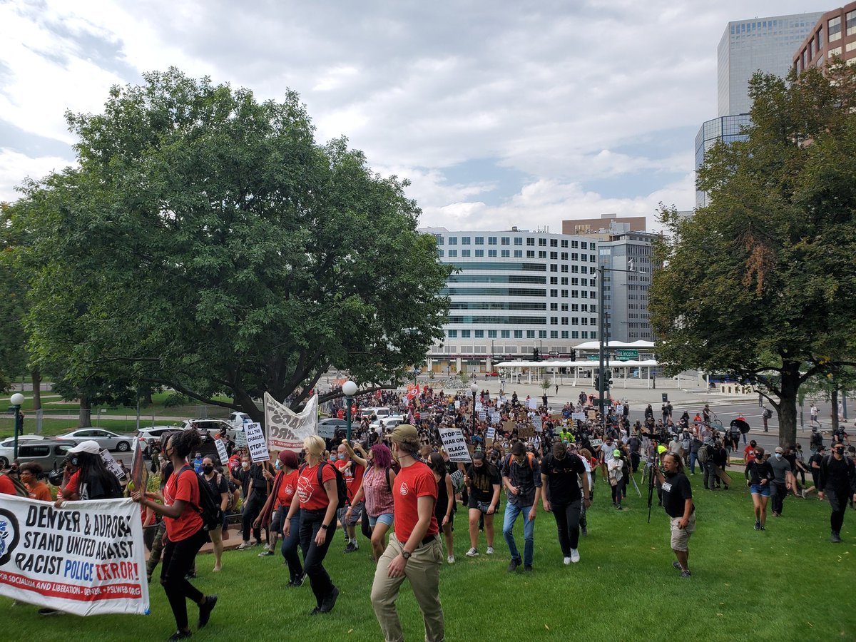 Psl members and supporters marched back to the capitol steps. Encouraged people to join their party and organize. After PSL members adjourned and turned off the mic other non-PSL protestors called for others stay in the streets in the name of Antonio Blackbear a Lakota man...