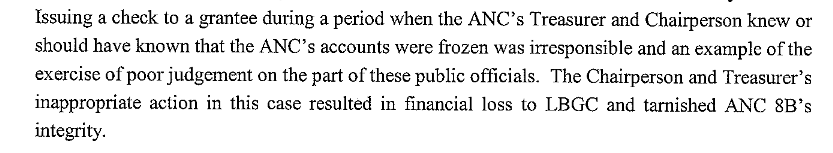 The Auditor was forced to freeze ANC 8B's bank accounts because they wouldn't stop spending illegally. What did Jacque Patterson do? He continued issuing checks to charities for children, KNOWING THEY WOULD BOUNCE! This deprived children of government funding and was FRAUD.