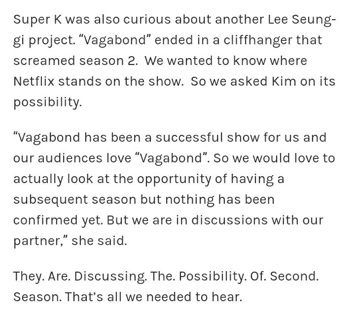 So Min-young Kim, Netflix Vice President for Korean Content, said they are in discussion with their partners for Vagabond season 2.published on March 24, 2020Source:  https://inquirersuper.com.ph/super-k/lee-seung-gi-and-jasper-liu-are-traveling-twogether/amp/