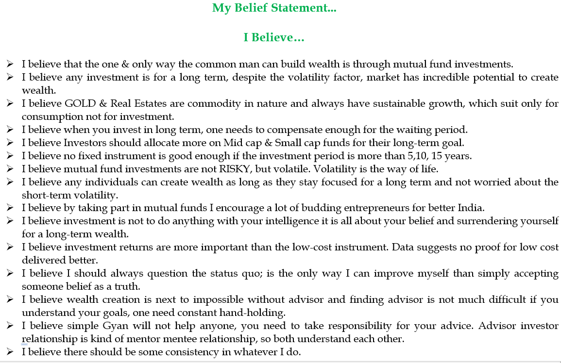 padhucfp's tweet image. These are my belief statements, few may agree & if u don't, see it as different perspective. Without implementation, learning anything is of no use. Investing is not easy, controlling emotion is tougher. Advise without understanding of the receiver is dangerous. #fortuneplanners