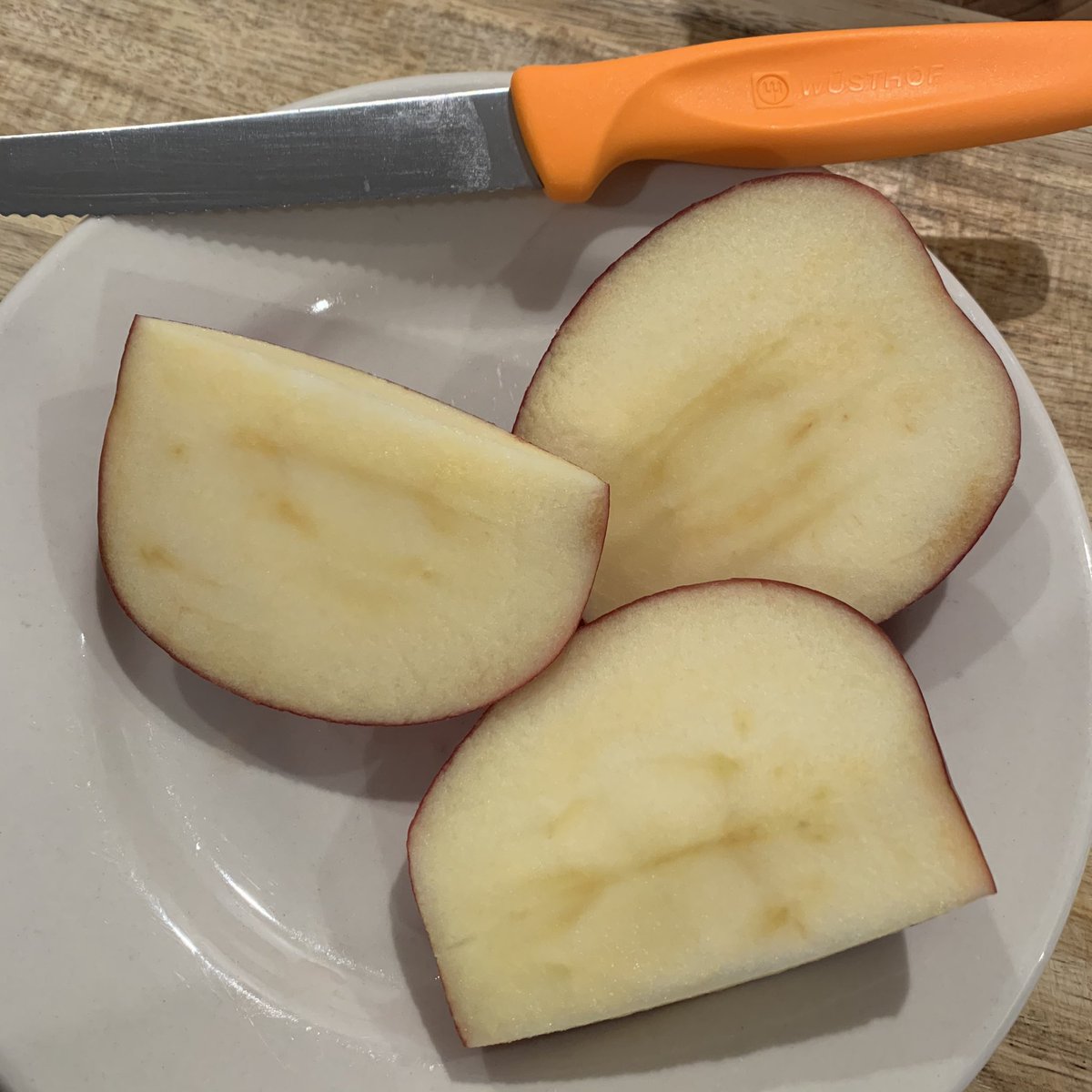 Time for apple reviews! First up: “Mother,” an heirloom from Boston (1840). Slightly mealy texture but nice, standard apple flavor. I was told to look for “hints of wintergreen and spruce” — nope, definitely tastes just like a regular, kinda boring apple. 5/10 