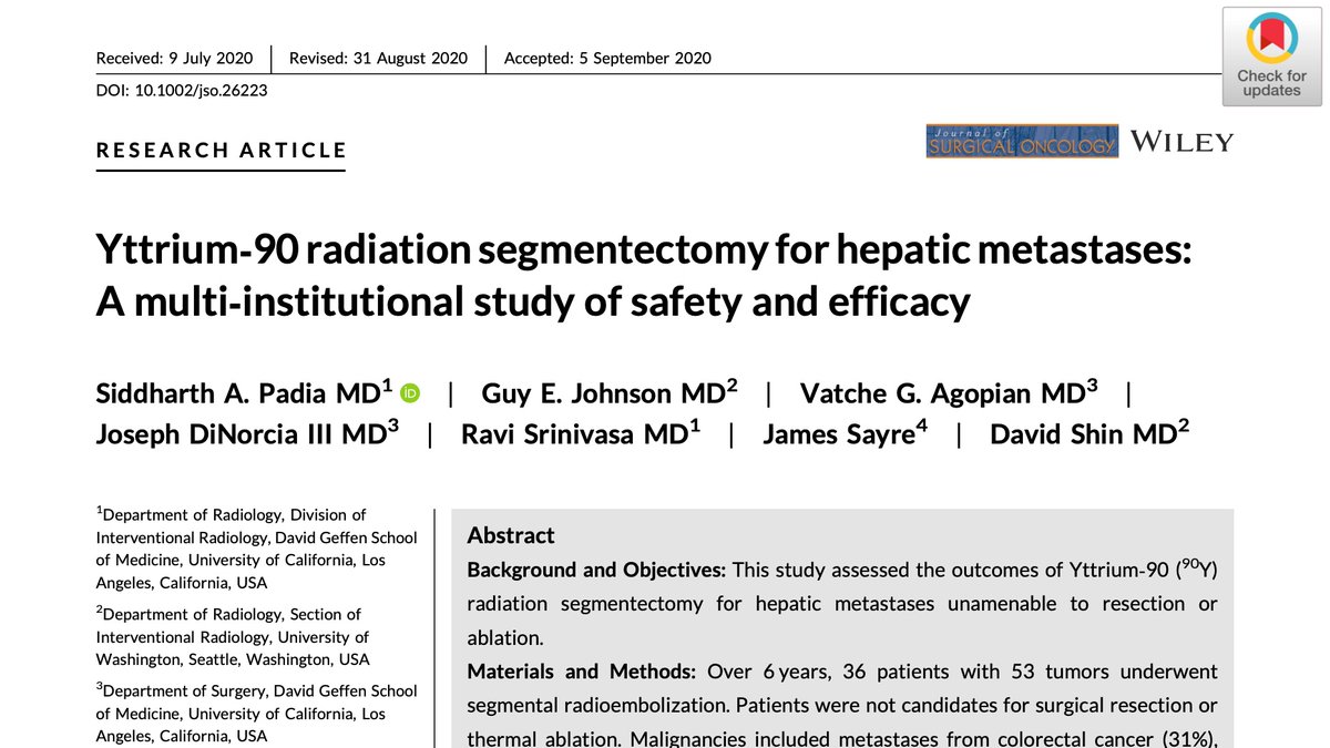 University of Washington IR Residency (@uofwa_ir) on Twitter photo Have you ever wondered about the #safety and #efficacy of Yttrium-90 segmentectomy for hepatic metastasis?! Yeah, us too... Hot off the press! Great job, TEAM! #Y90 #IntOnc #twittIR #YouW #IRad #IamIR #IRadRes <a href="/uclaVIR/">UCLA IR</a>
<a href="/UWRadiology/">UW Radiology</a> @SeattleCCA <a href="/UWMedicine/">UW Medicine</a>
DOI: 10.1002/jso.26223 Have you ever wondered about the #safety and #efficacy of Yttrium-90 segmentectomy for hepatic metastasis?! Yeah, us too... Hot off the press! Great job, TEAM! #Y90 #IntOnc #twittIR #YouW #IRad #IamIR #IRadRes <a href="/uclaVIR/">UCLA IR</a>
<a href="/UWRadiology/">UW Radiology</a> @SeattleCCA <a href="/UWMedicine/">UW Medicine</a>
DOI: 10.1002/jso.26223