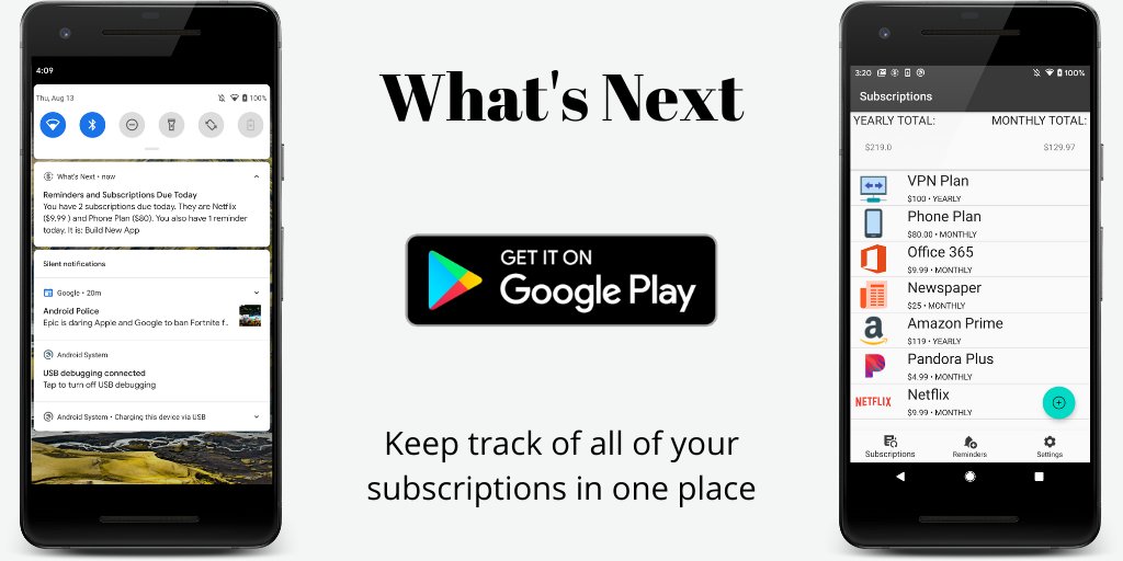 mayerdevstudios's tweet image. Introducing What's Next. Keep up with your subscriptions, so you never miss another payment. Download it for free for your Android device from the Play Store. More info + download at: mayer-studios.com/whatsnext/.
#Android #AndroidDev #androidapp #new #downloadnow #free