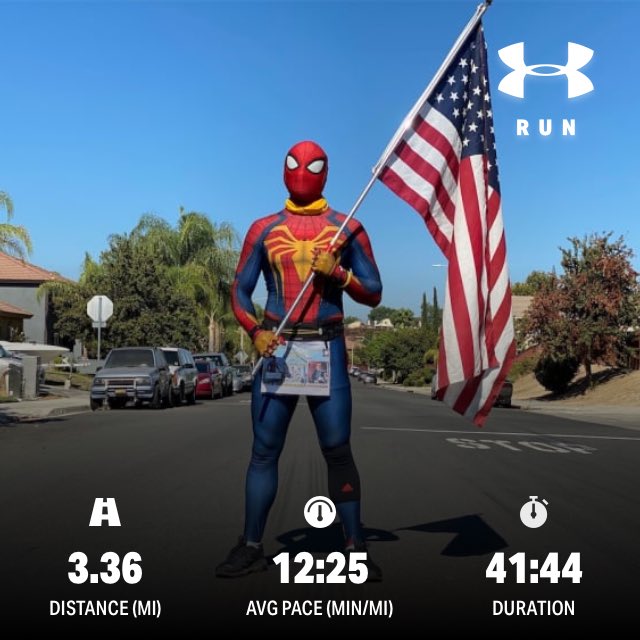 CARRYTHEIRCROSS's tweet photo. Nice test jog to get a feel of carrying Old Glory. Next week doing a jog for Ke’yair and all our children fighting cancer to increase awareness.   #KeyairStrong  #childhoodcancerawareness #carrytheircross #RADD #childhoodcancer #spiderman4acause #temecula #spiderman https://t.co/efUzGggDsb