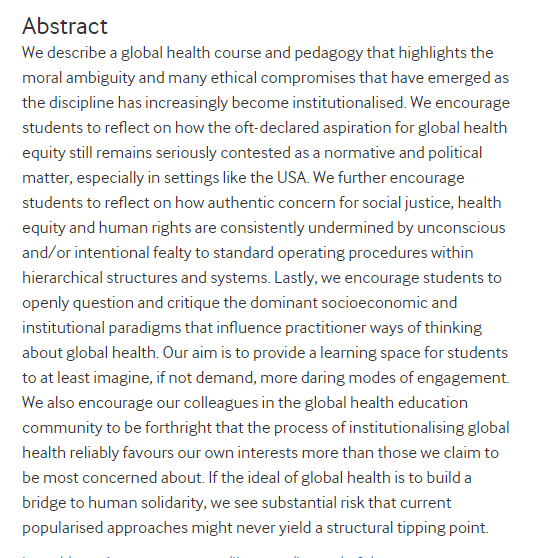 seyeabimbola's tweet photo. New practice paper in @GlobalHealthBMJ on #globalhealth training @harvardmed 

"Institutionalising global health: a call for ethical reflection" https://t.co/W0UqEsIgNR

/we see substantial risk that current approaches to #globalhealth may never yield a structural tipping point/ https://t.co/udhpi059Az