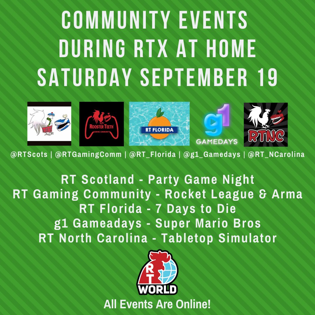 RTW_Community's tweet photo. There are a few events happening this weekend while #RTXatHome is on break. But there's still stuff to do! Try hanging out with these groups: @RTScots @RTGamingComm @RT_Florida @g1_Gamedays @RT_NCarolina 
For details see the Community Calendar: https://t.co/rlwhIOudkQ #RTWCC https://t.co/V5ct29aM27