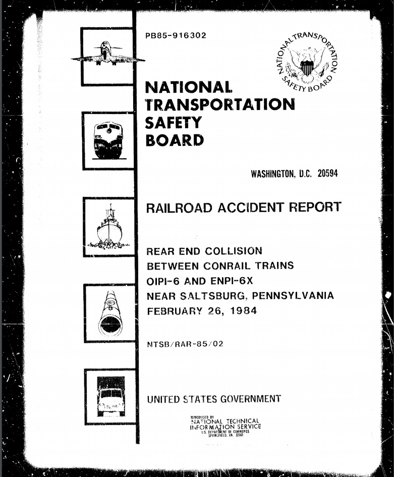 On February 26, 1984, near Saltsburg, PA, we investigated the fifty-first of 154  #PTC preventable accidents:  https://www.ntsb.gov/investigations/AccidentReports/Reports/RAR8502.pdf  #PTCDeadline  #NTSBmwl