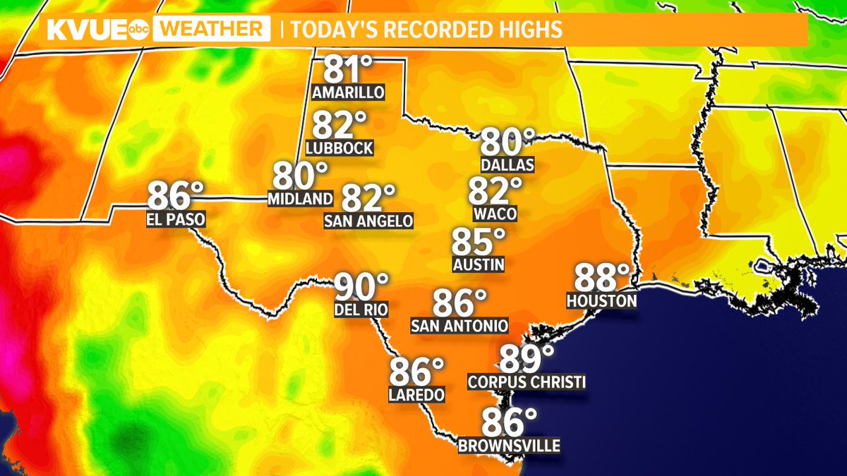 Hope you had a great day! Here's a look at highs across the state today. #ATXWX #KVUE https://t.co/KEAufN0W8s