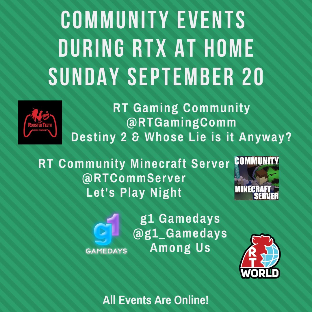 RTW_Community's tweet photo. While #RTXatHome is on break over the weekend RT Community events continue! Join the @RTGamingComm, @RTCommServer and @g1_Gamedays communities today for these events. For details and info on how to join, check out our community calendar here: https://t.co/rlwhIOudkQ #RTWCC https://t.co/Avpi8otByY
