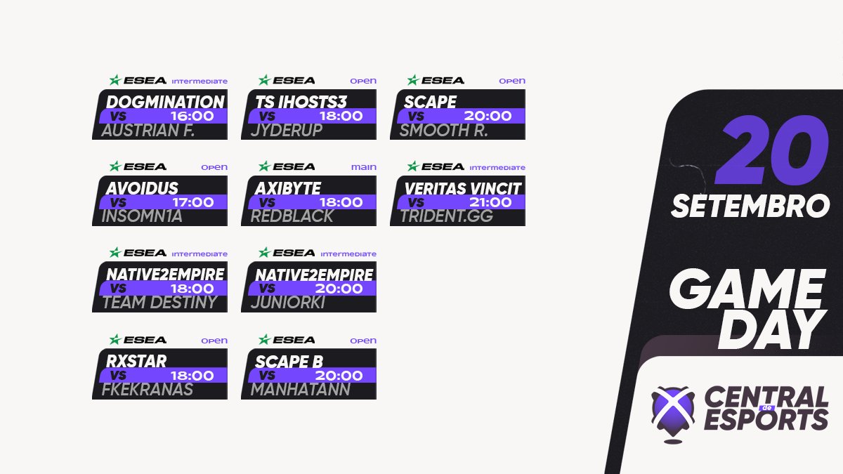 CentralDEsports's tweet photo. HOJE na ๐ @ESEA:
16H
๐ช๐ธ๐ต๐น @DogminationOrg
17h
๐ต๐น #AVOIDUS
18H
๐ต๐น @TheOfficialN2E
๐ต๐น #rxstar
๐ต๐น @TropaSuprema.iHosts3
19h
๐ฌ๐ง๐ต๐น @axibytegg
20H
๐ต๐น @TheOfficialN2E
๐ต๐น @ScapeEsports.B
๐ต๐น @ScapeEsports
21h
๐ต๐น @VERITASVINCITgg
#CDEgameday https://t.co/sUKimJadBB