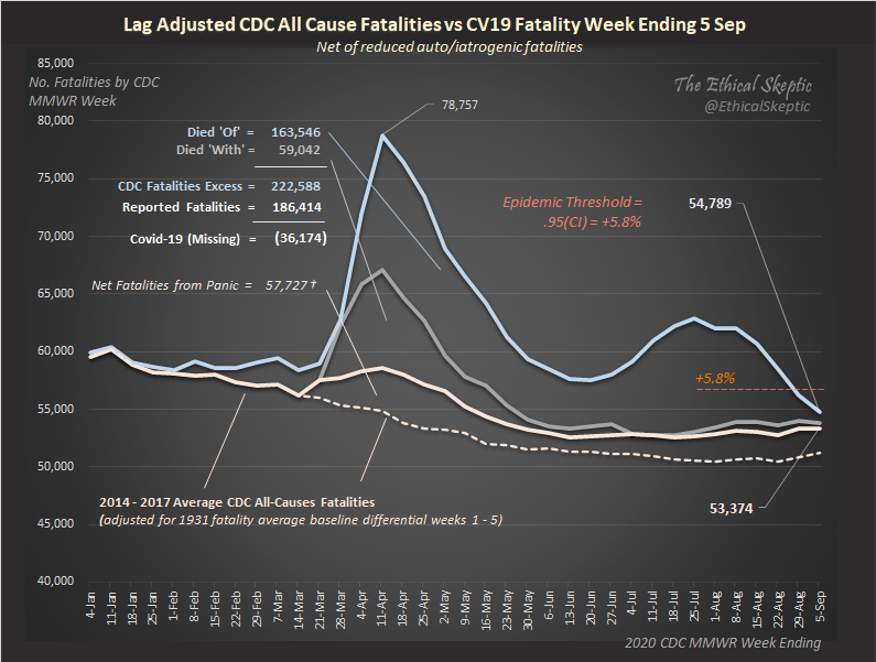 Yesterday we saw that we are nominally below the pandemic threshold and are two weeks (?) from The Crossover Point, the point where deaths from over-reaction exceed deaths from Covid itself.We also cited that Covid reporting cannot account for 101,400 fatalities as of 5 Sep.
