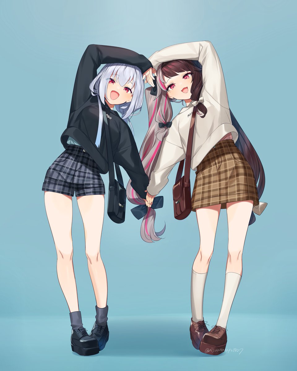 multiple girls 2girls split-color hair skirt plaid skirt plaid socks  illustration images