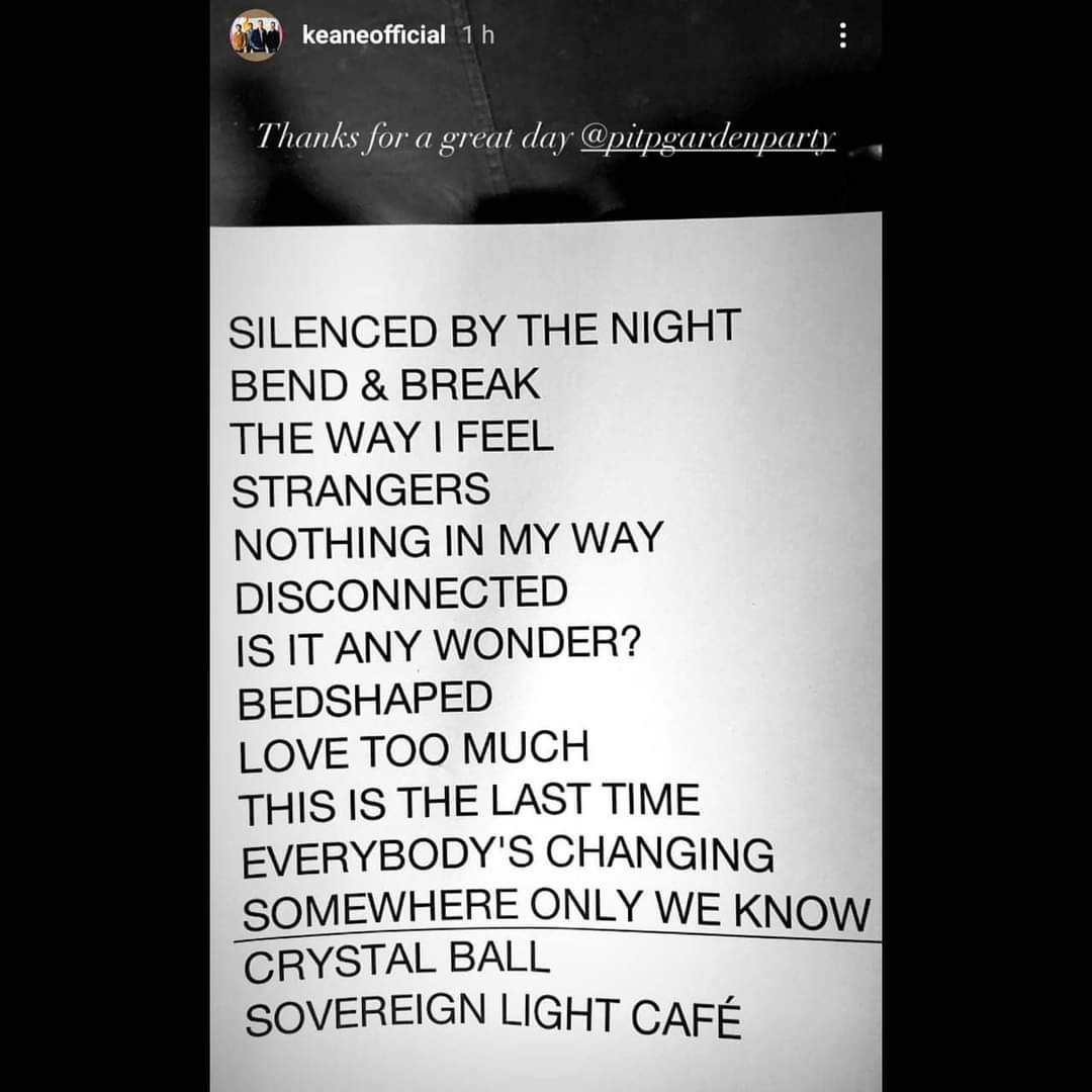 keane_mx's tweet photo. #Setlist @KeaneOfficial #PubInThePark

Este fue el setlist del día de hoy en la presentación de #Keane en el #PitpGardenParty

Tristemente al ser un festival tiene que ser corto, pero ustedes creen que hizo falta algún tema en especial?

#KeaneIsBack https://t.co/pvioHxwFP2