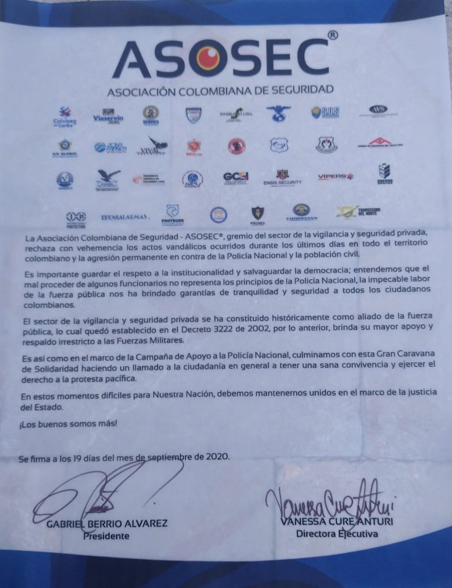 <a href="/Asosec/">Asosec®</a> como representante del #SectorDeVigilanciaYSeguridadPrivada como aliado de la fuerza pública brinda su apoyo y respaldo irrestricto a la #PoliciaNacional