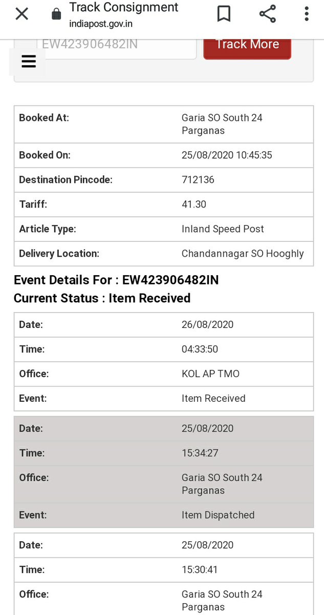 ankitah95's tweet photo. @IndiaPostOffice 
Parcel no -EW423906482IN
Dispatch date -25.8.2020
Cause - Delay in delivery ( Not showing any updates from last 25 days )
Please look into the matter at earliest! https://t.co/STKzZ1lzWL