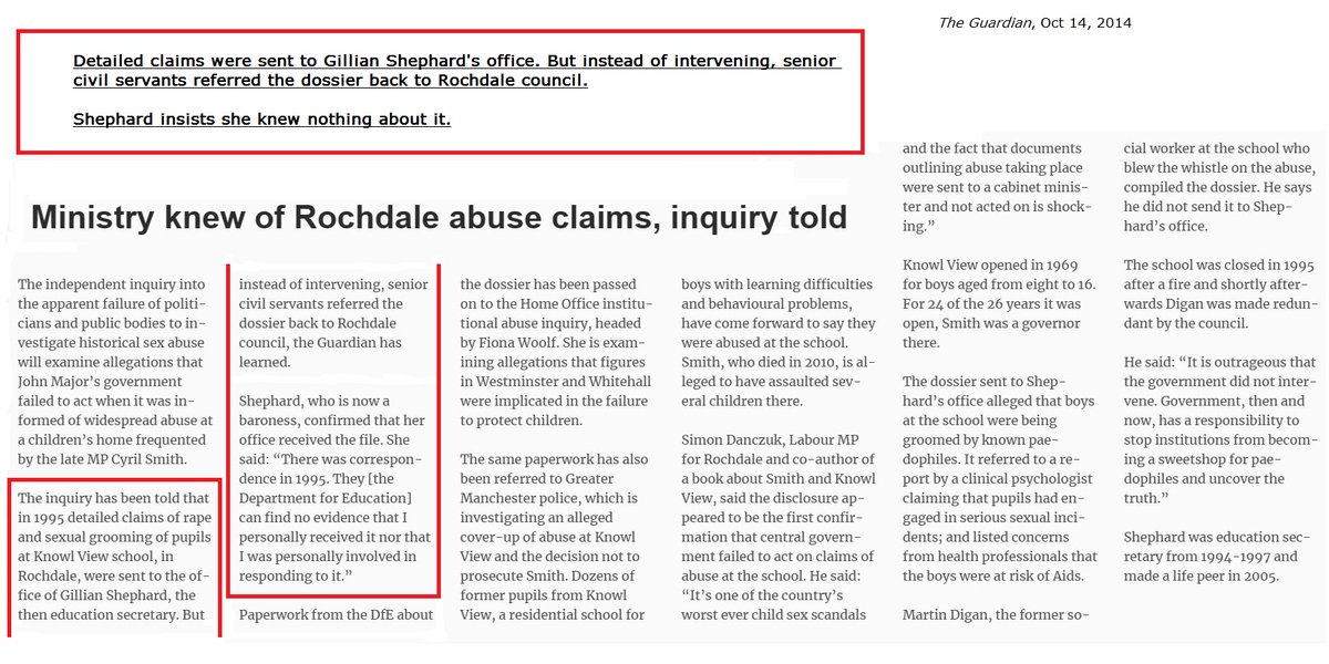 ➍➑ Gillian ShephardA dossier was sent to her office in 1995 containing detailed claims of abuse at Knowl View. Instead of acting, her office referred the dossier back to Rochdale Council, enabling Cyril Smith & others to evade justice.Former chair of Cons. Friends of Israel