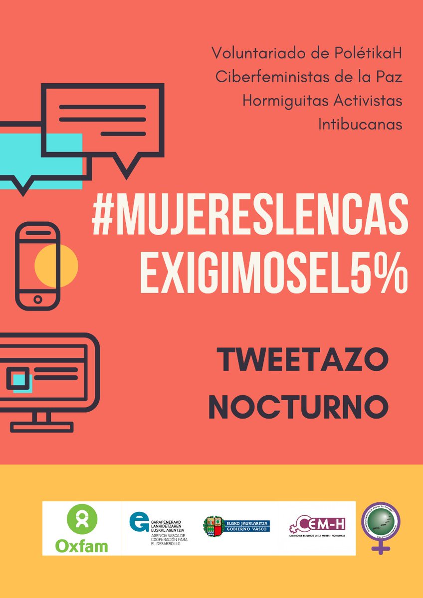 #MujeresLencasExigimosEl5%

Las mujeres lencas no pedimos sino que EXIGIMOS el 5% del presupuesto asignado para el cumplimiento de nuestras demandas expresadas en la agenda de mujeres 

@cemh_h 
@OxfamHonduras 
@LasHormigas_Hn 
@Gob_eus