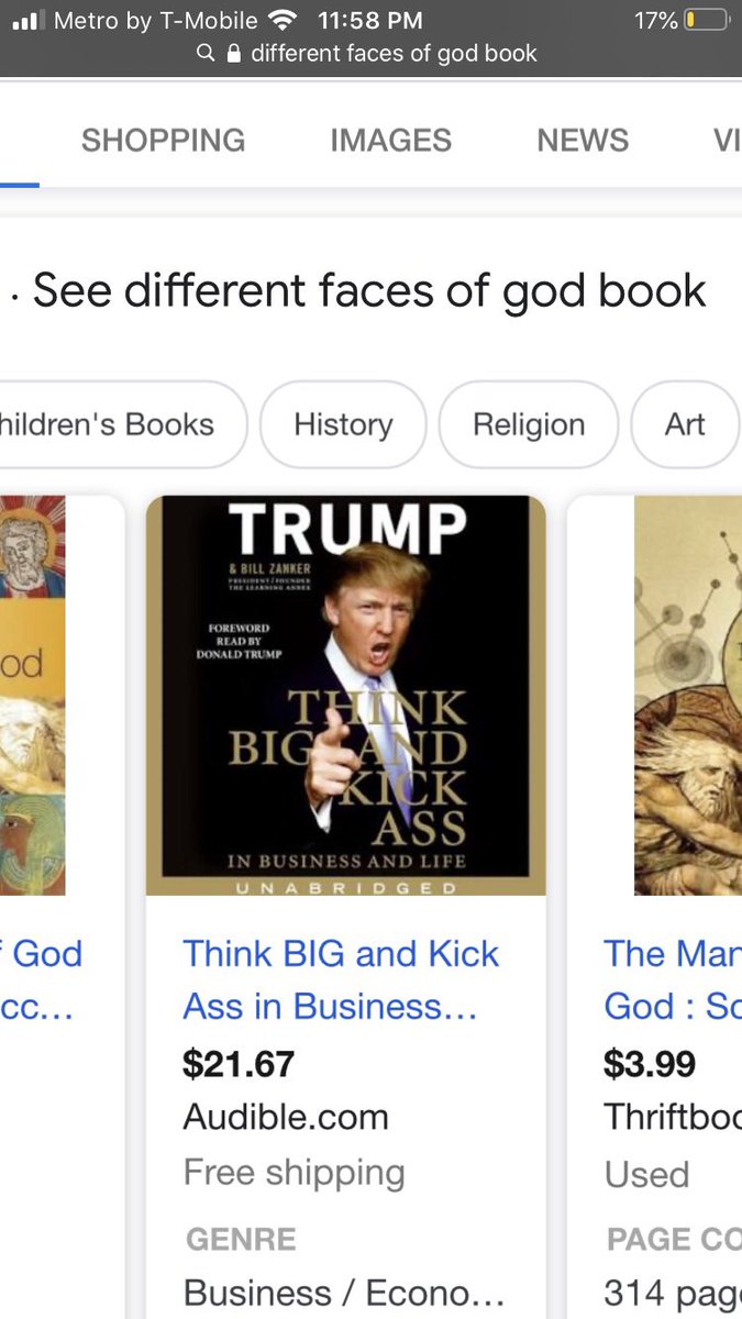 Bluesylusy's tweet photo. WTF IS THIS! IS THIS A JOKE 
I was searching up a book called (different faces of God) and this came out why😡 google trying to mess with us and then I was scoring down and it was all normal but for reals why would they put this in the category of god 😠 #trumpisnotgod #bantrump https://t.co/MiW0jcLAck